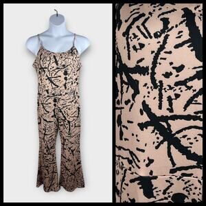 Soft Stretchy Sleeveless Cream Black Splatter Paint Flare Leg Jumpsuit Medium